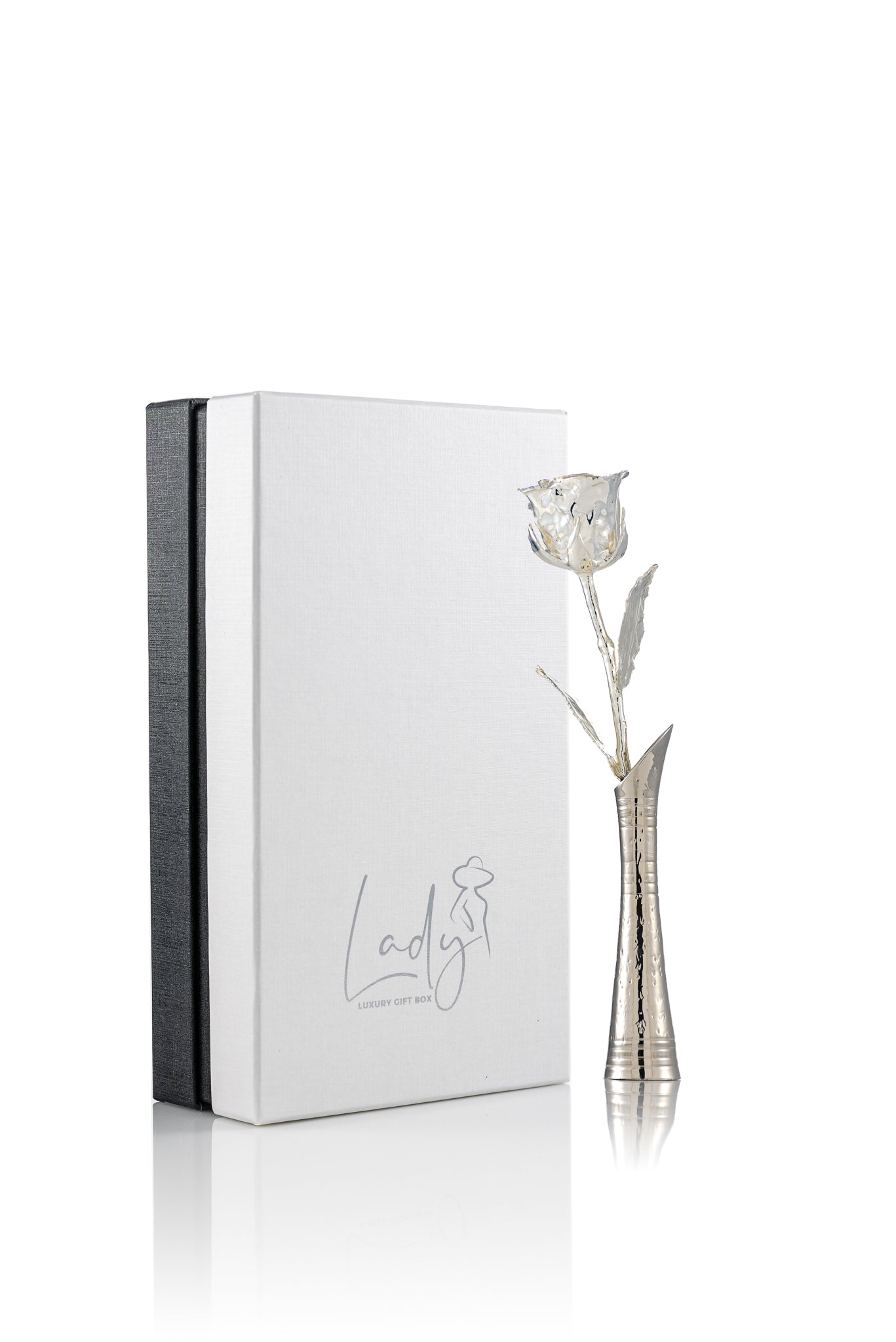 LADY® Silberset Rose mit Vase – Elegantes, einzigartiges und ewiges Geschenk – 925 versilberte Rose